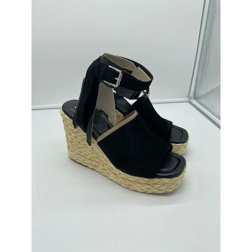 New Marc Fisher LTD Nelly Suede Espadrille Wedge Sandals Ankle‎ Strap Black 10M